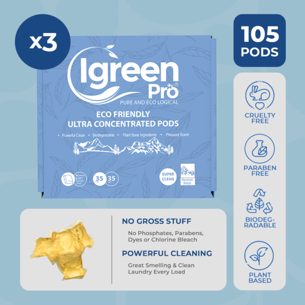 IGreen Pro Natural Stain & Odor Ultra Concentrated Laundry Detergent Packs Mountain Breeze Scent (105 Packs) 35 X 3 =105 loads
